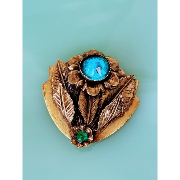 Antique Brass Flower Fur Clip Blue Rhinestone - Picture 4 of 6